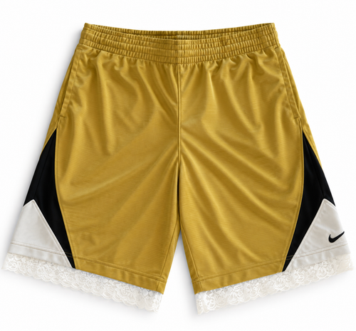 Gold and black reworked vintage Nike basketball shorts with white lace hem, DAMECORE