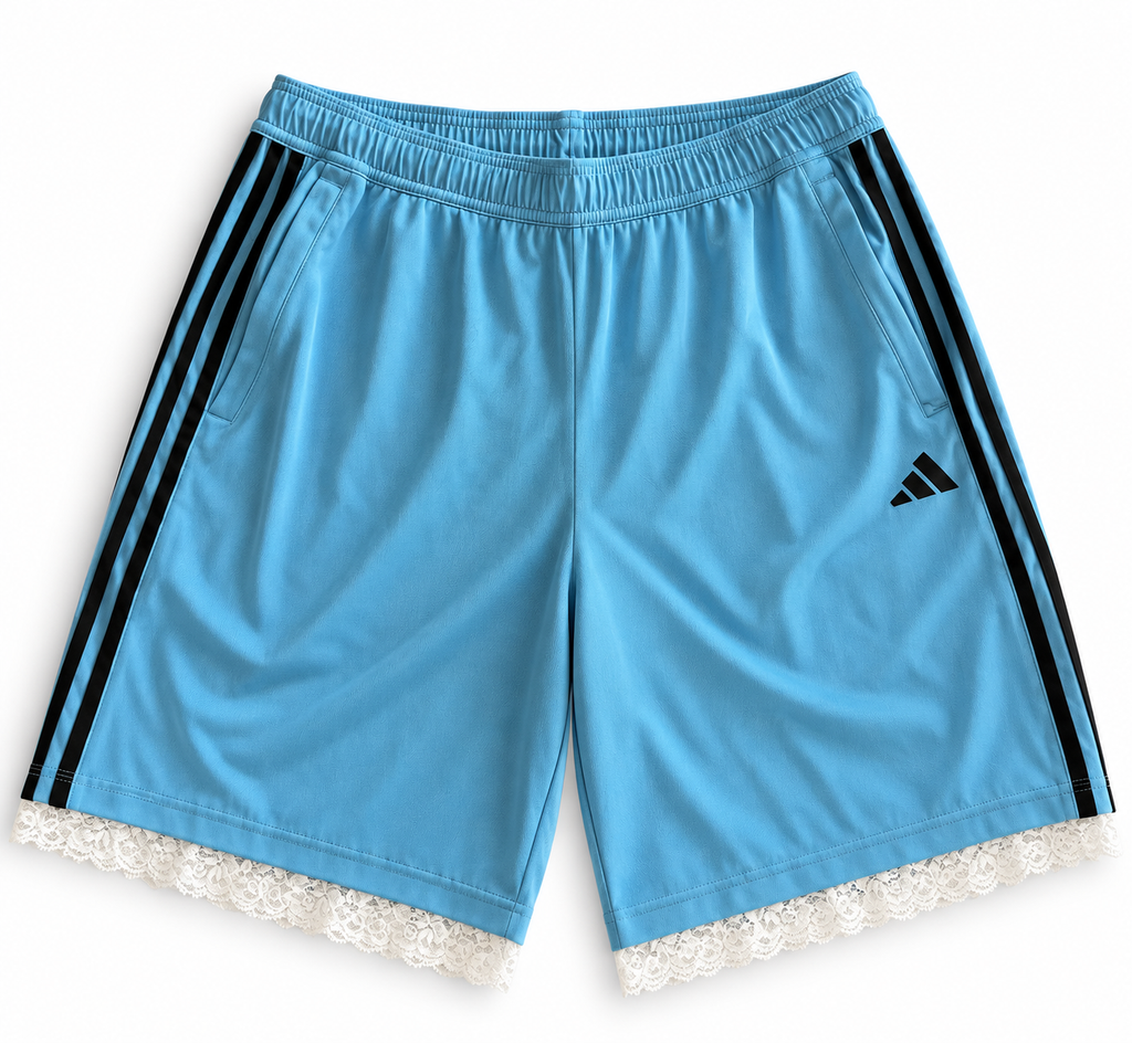 Light blue and black reworked vintage adidas basketball shorts with black lace hem, DAMECORE