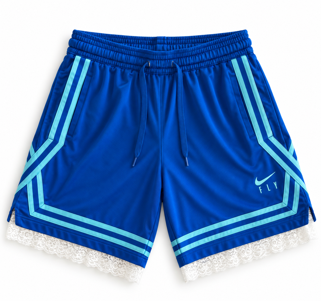 Royal blue and light blue reworked vintage Nike basketball shorts with white lace hem, DAMECORE