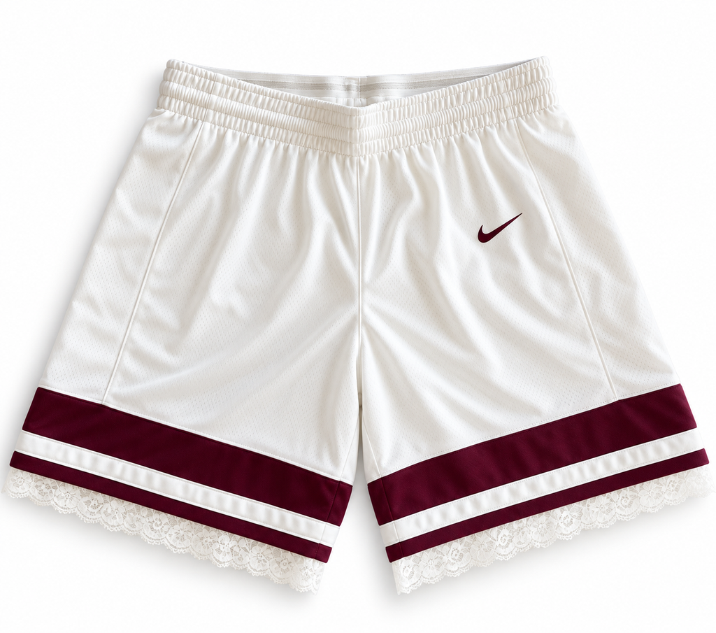 White and maroon reworked vintage Nike basketball shorts with white lace hem, DAMECORE