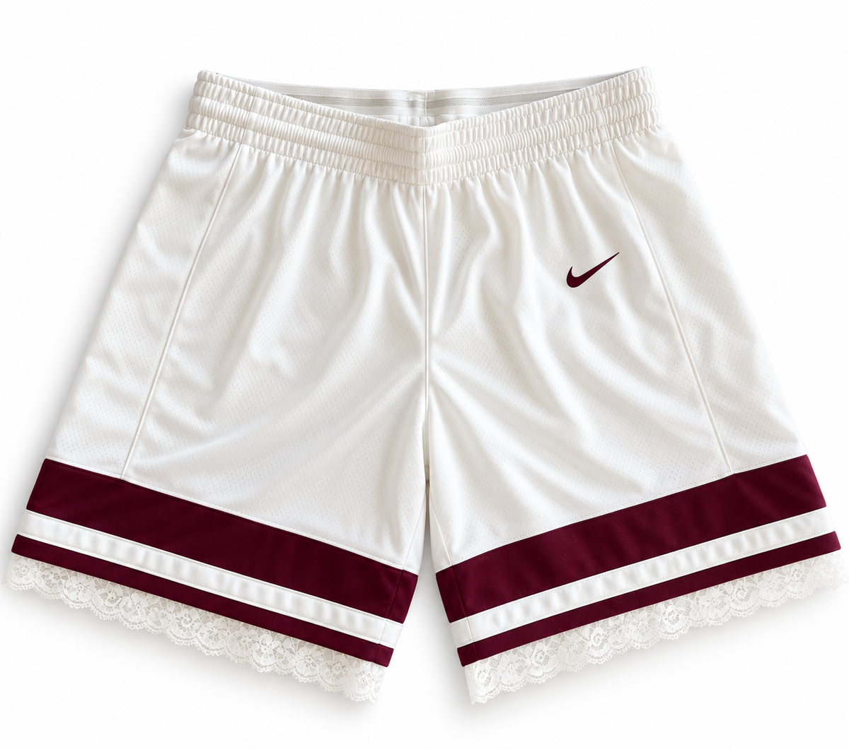 White and maroon reworked vintage Nike basketball shorts with white lace hem, DAMECORE