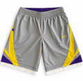 Gray, purple and yellow reworked vintage Nike basketball shorts with white lace hem, DAMECORE