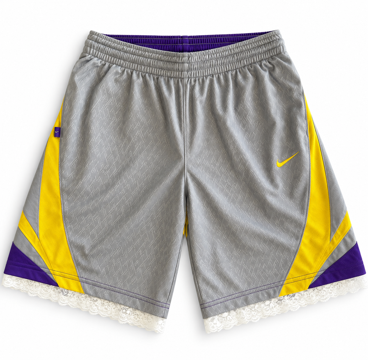 Gray, purple and yellow reworked vintage Nike basketball shorts with white lace hem, DAMECORE
