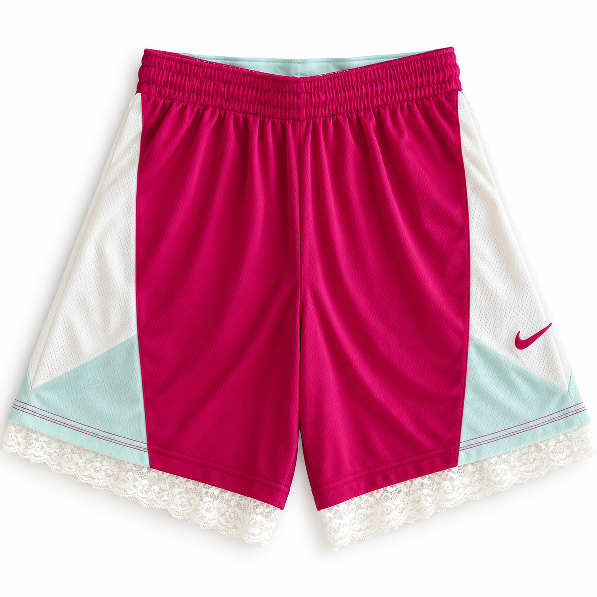 Pink and white reworked vintage Nike basketball shorts with white lace hem, DAMECORE