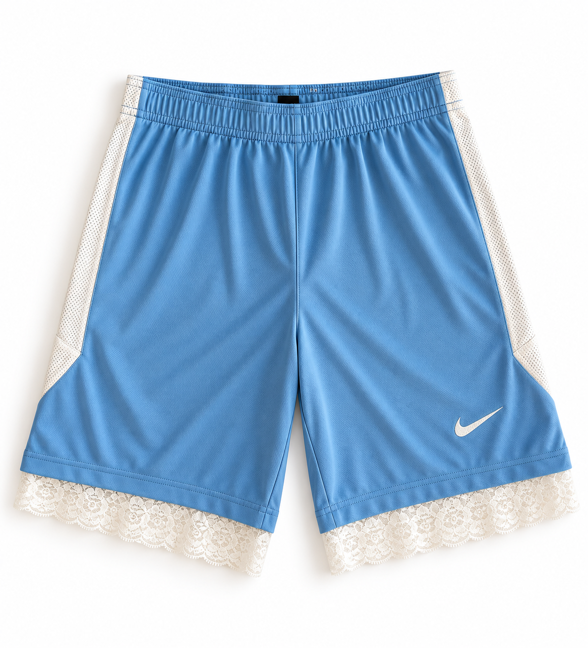Blue and white reworked vintage Nike basketball shorts with white lace hem, DAMECORE