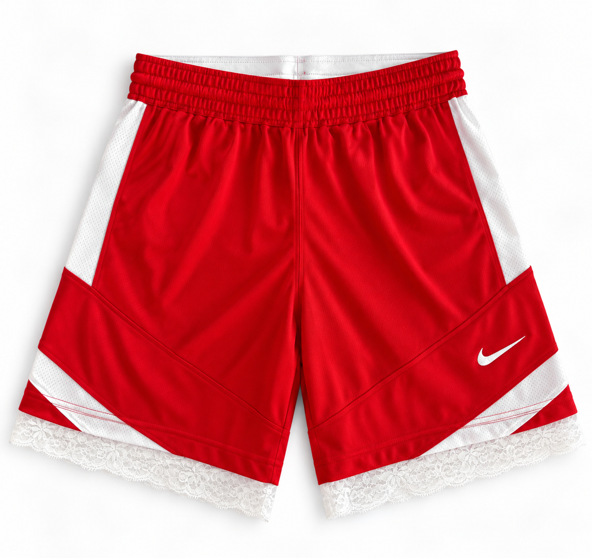 Red and white reworked vintage Nike basketball shorts with white lace hem, DAMECORE