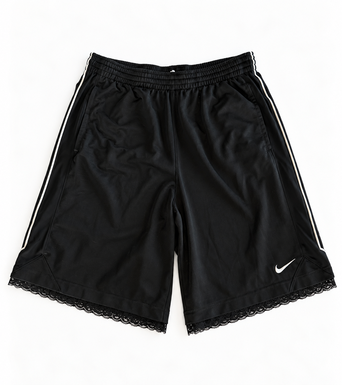 Black reworked vintage Nike basketball shorts with black lace hem, DAMECORE