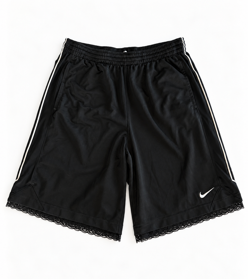 Black reworked vintage Nike basketball shorts with black lace hem, DAMECORE