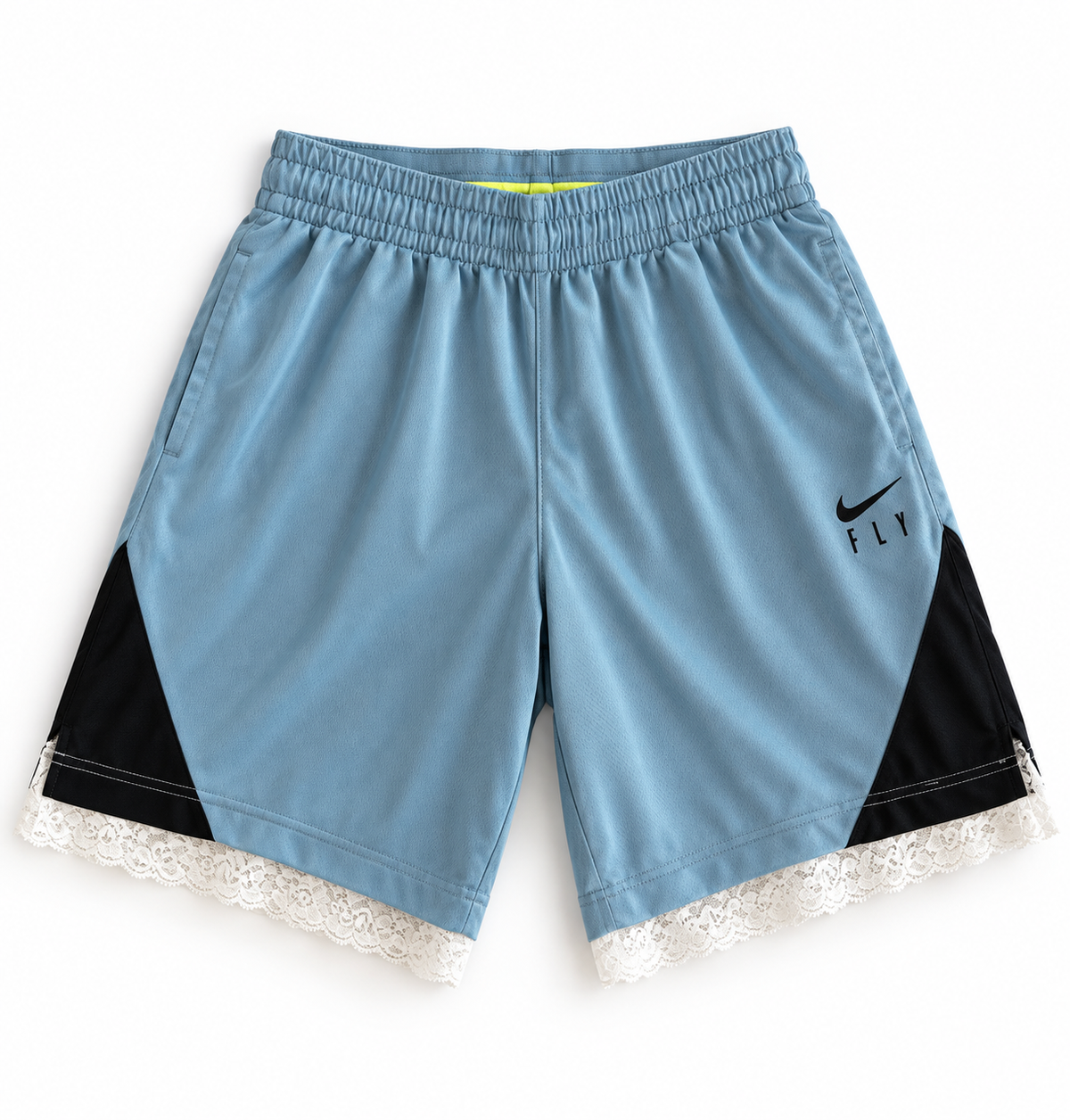 Blue and black reworked vintage Nike basketball shorts with white lace hem, DAMECORE