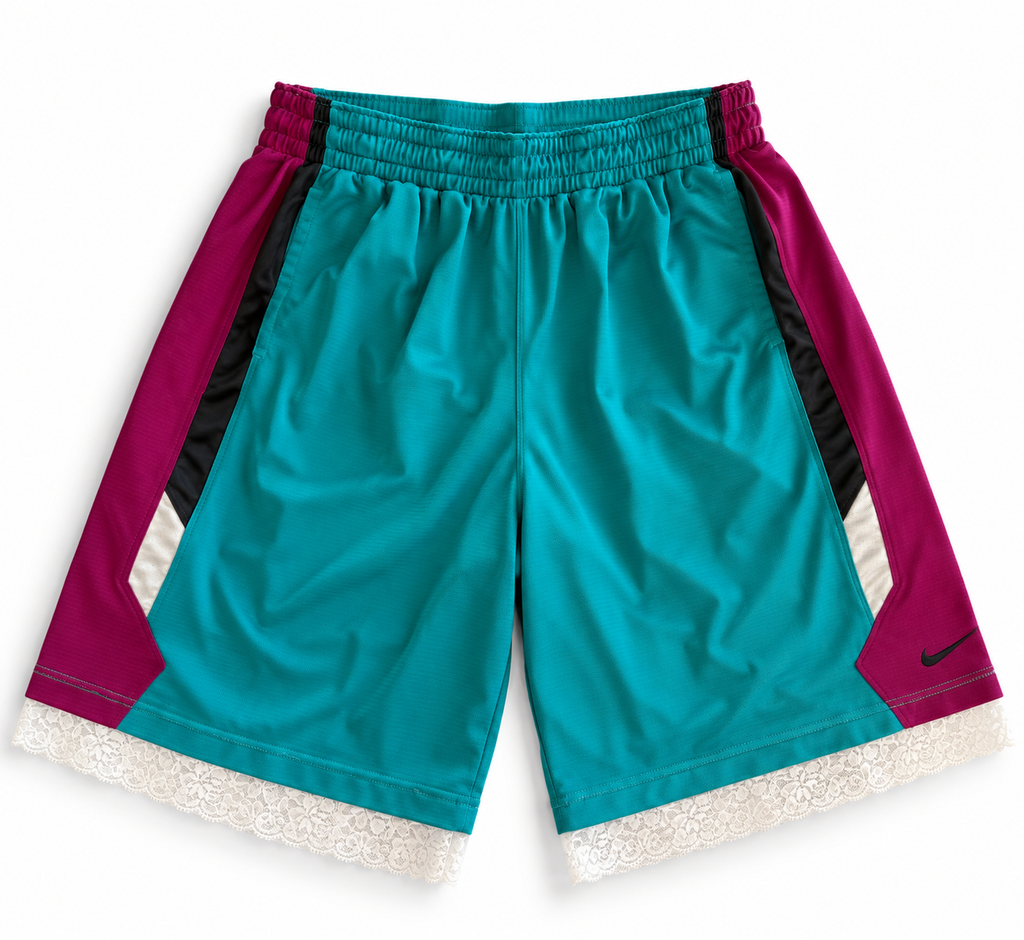 Blue and pink reworked vintage Nike basketball shorts with white lace hem, DAMECORE