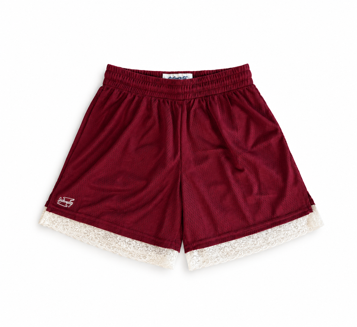 Maroon reworked vintage Intensity basketball shorts with black lace hem, DAMECORE