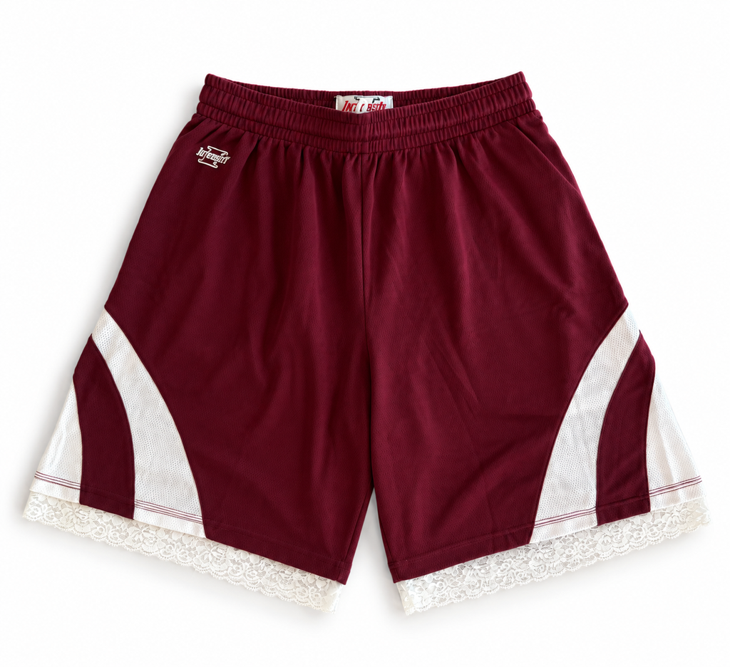 Maroon reworked vintage Intensity basketball shorts with white lace hem, DAMECORE