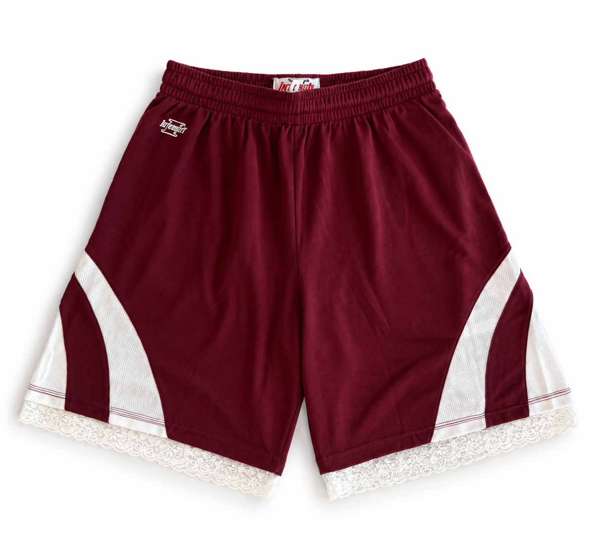 Maroon reworked vintage Intensity basketball shorts with white lace hem, DAMECORE