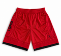 Red and black reworked vintage And1 basketball shorts with white lace hem, DAMECORE