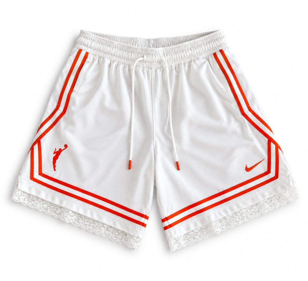 Orange and white reworked vintage Nike basketball shorts with white lace hem, DAMECORE