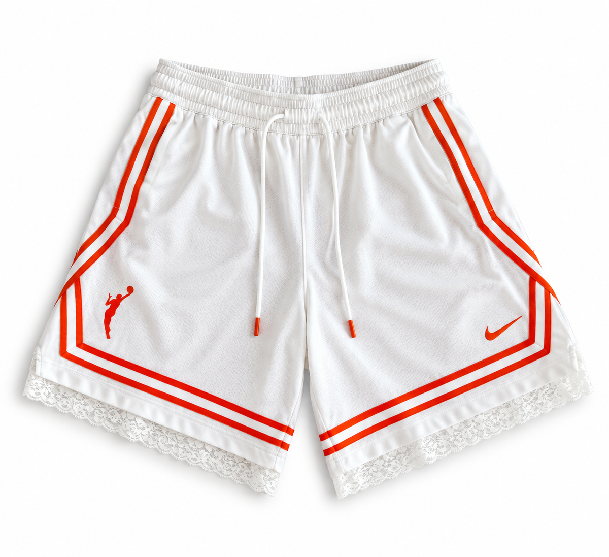 Orange and white reworked vintage Nike basketball shorts with white lace hem, DAMECORE