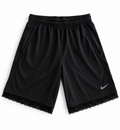 Black and gray reworked vintage Nike basketball shorts with black lace hem, DAMECORE