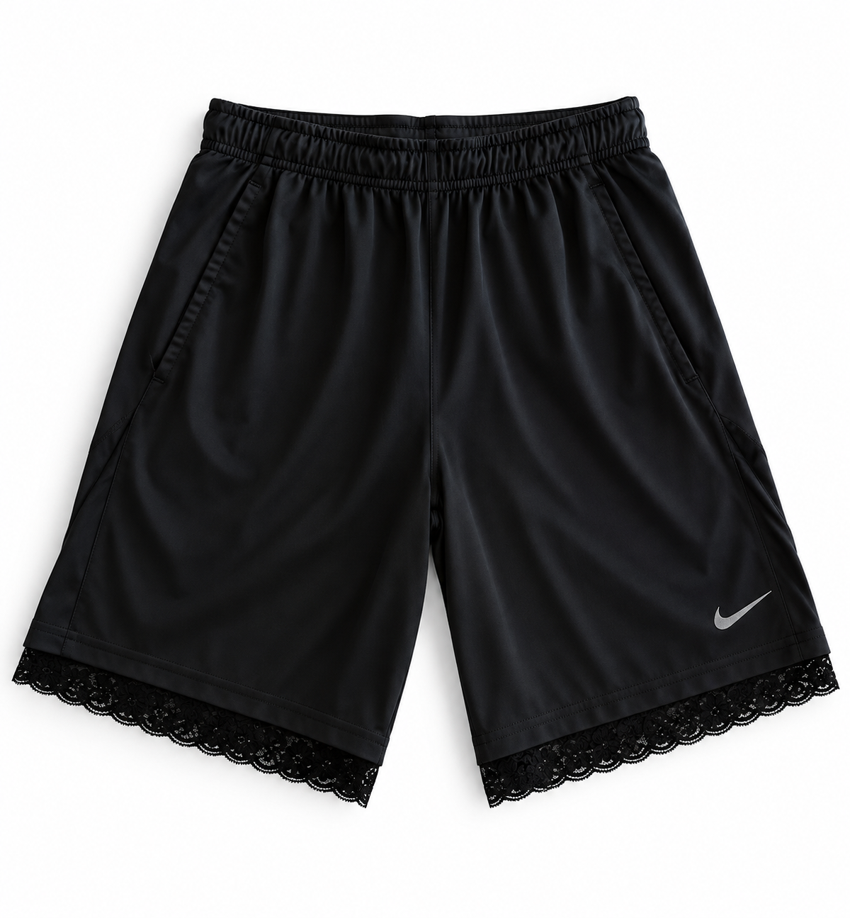 Black and gray reworked vintage Nike basketball shorts with black lace hem, DAMECORE