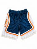 Blue, orange and white reworked vintage And1 basketball shorts with white lace hem, DAMECORE