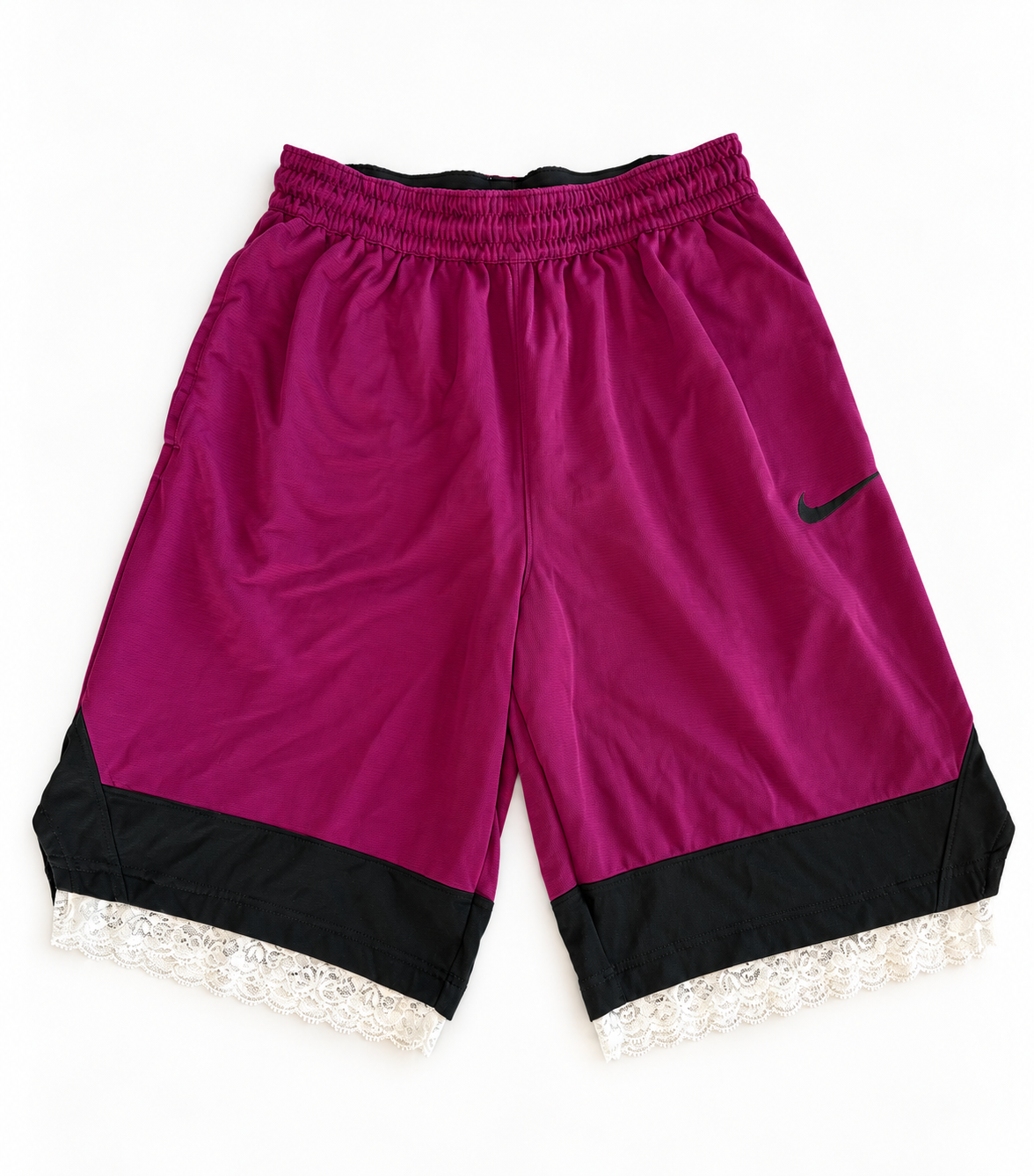 Purple and black reworked vintage Nike basketball shorts with white lace hem, DAMECORE