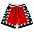 Red, black and white reworked vintage Nike basketball shorts with white lace hem, DAMECORE