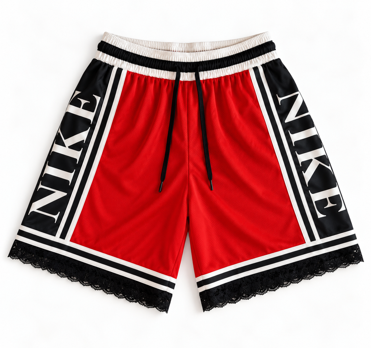 Red, black and white reworked vintage Nike basketball shorts with white lace hem, DAMECORE
