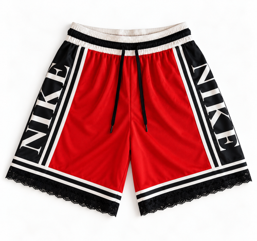 Red, black and white reworked vintage Nike basketball shorts with white lace hem, DAMECORE