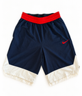 Blue and white reworked vintage Nike basketball shorts with white lace hem, DAMECORE