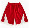 Red and white reworked vintage Nike basketball shorts with white lace hem, DAMECORE