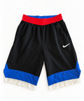Red, blue and black reworked vintage Nike basketball shorts with white lace hem, DAMECORE