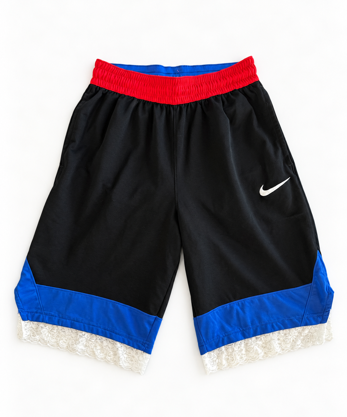 Red, blue and black reworked vintage Nike basketball shorts with white lace hem, DAMECORE