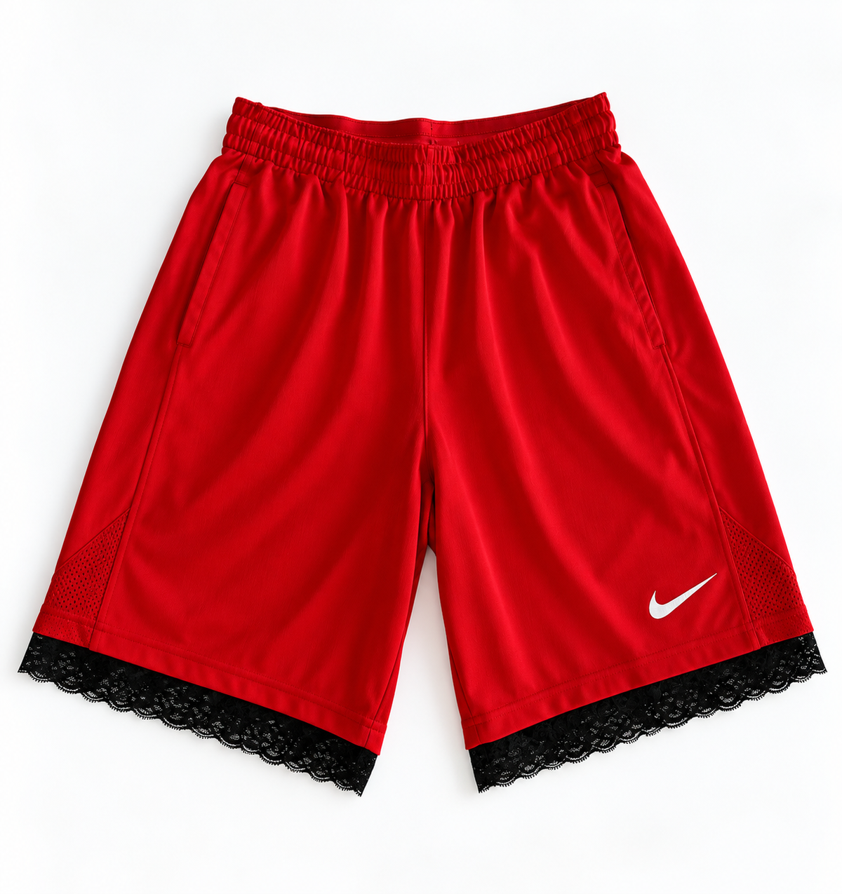Red reworked vintage Nike basketball shorts with black lace hem, DAMECORE