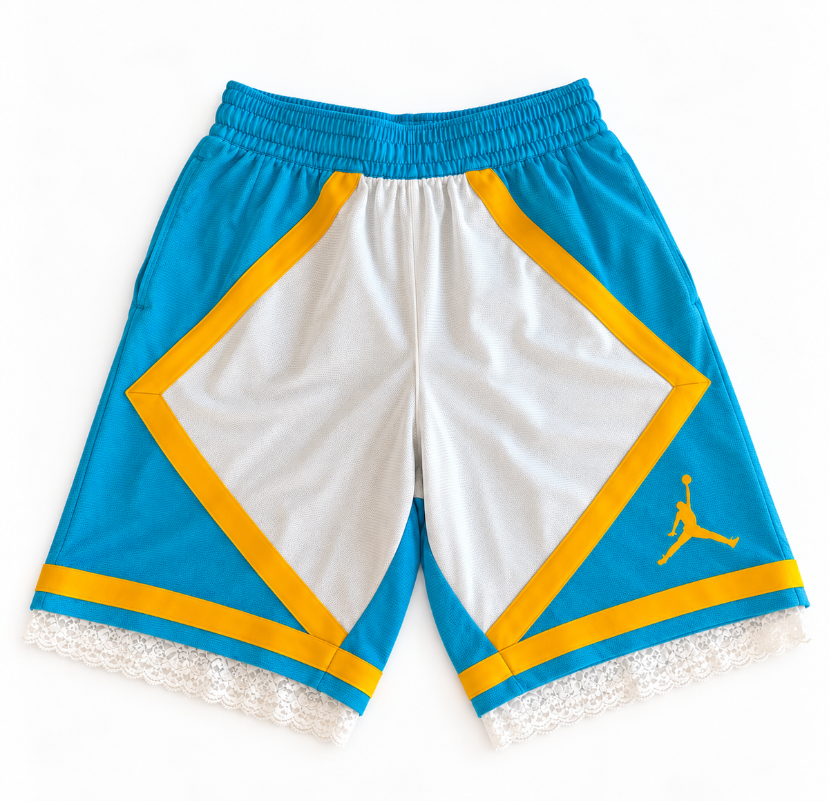 White, teal and yellow reworked vintage Jordan basketball shorts with white lace hem, DAMECORE
