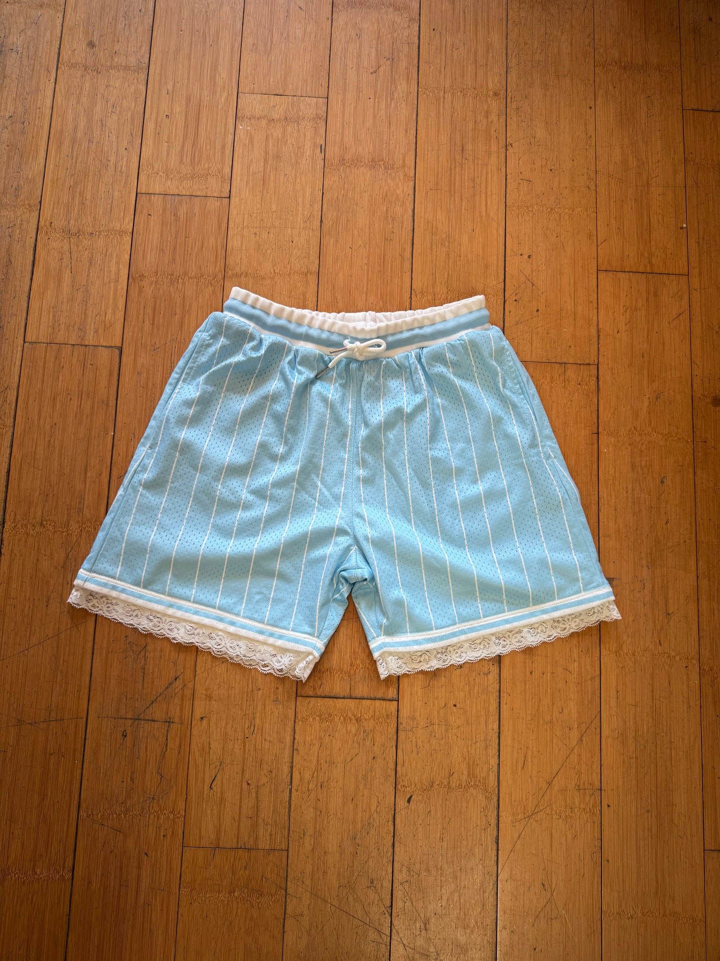 BABY BLUE & WHITE STRIPPED BASKETBALL SHORTS