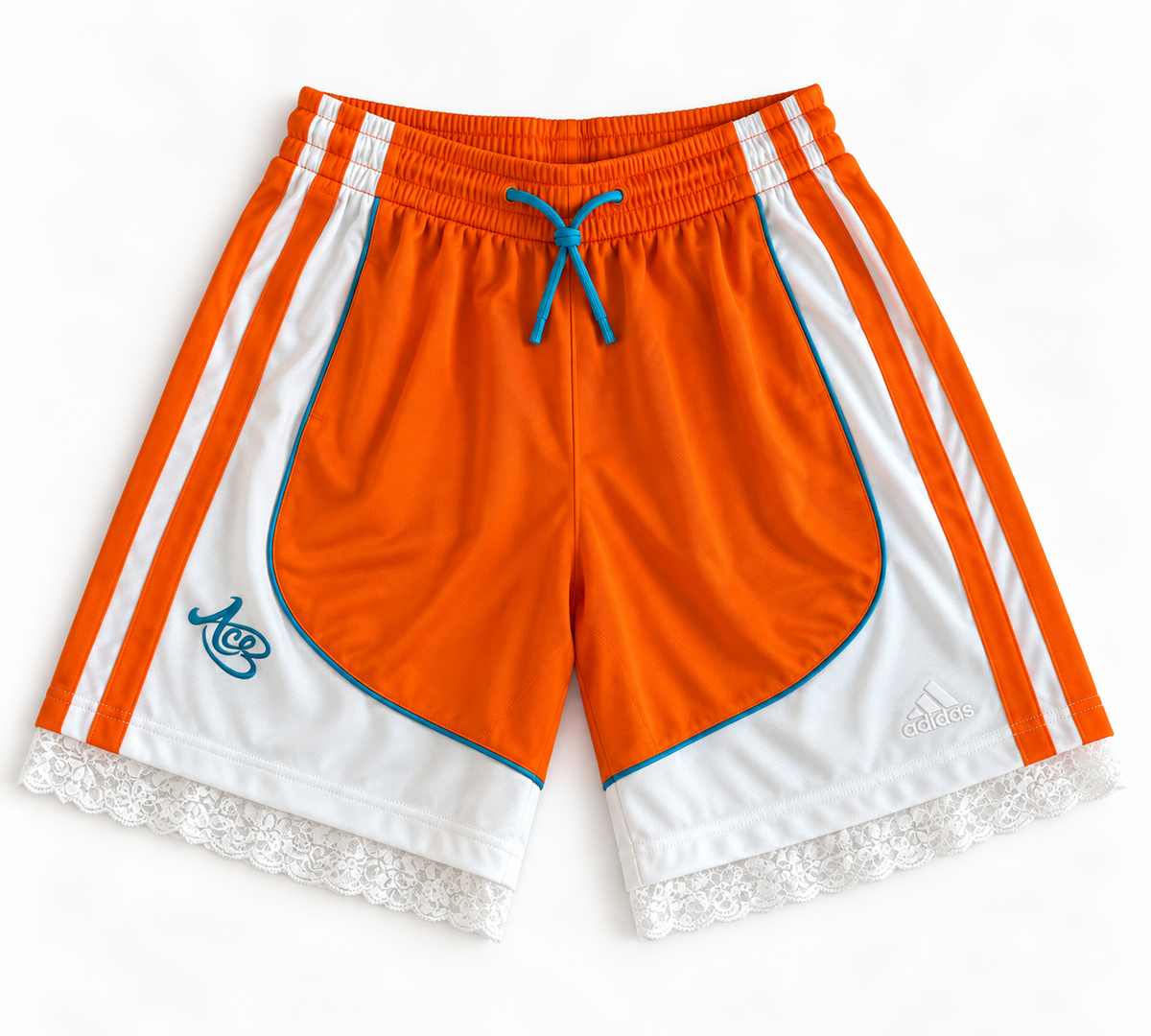 Orange, white and blue reworked vintage adidas basketball shorts with white lace hem, DAMECORE