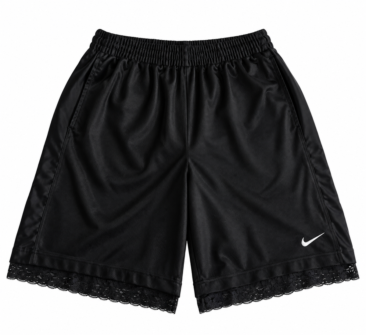 Black Satin Panel Lace Basketball Shorts | L