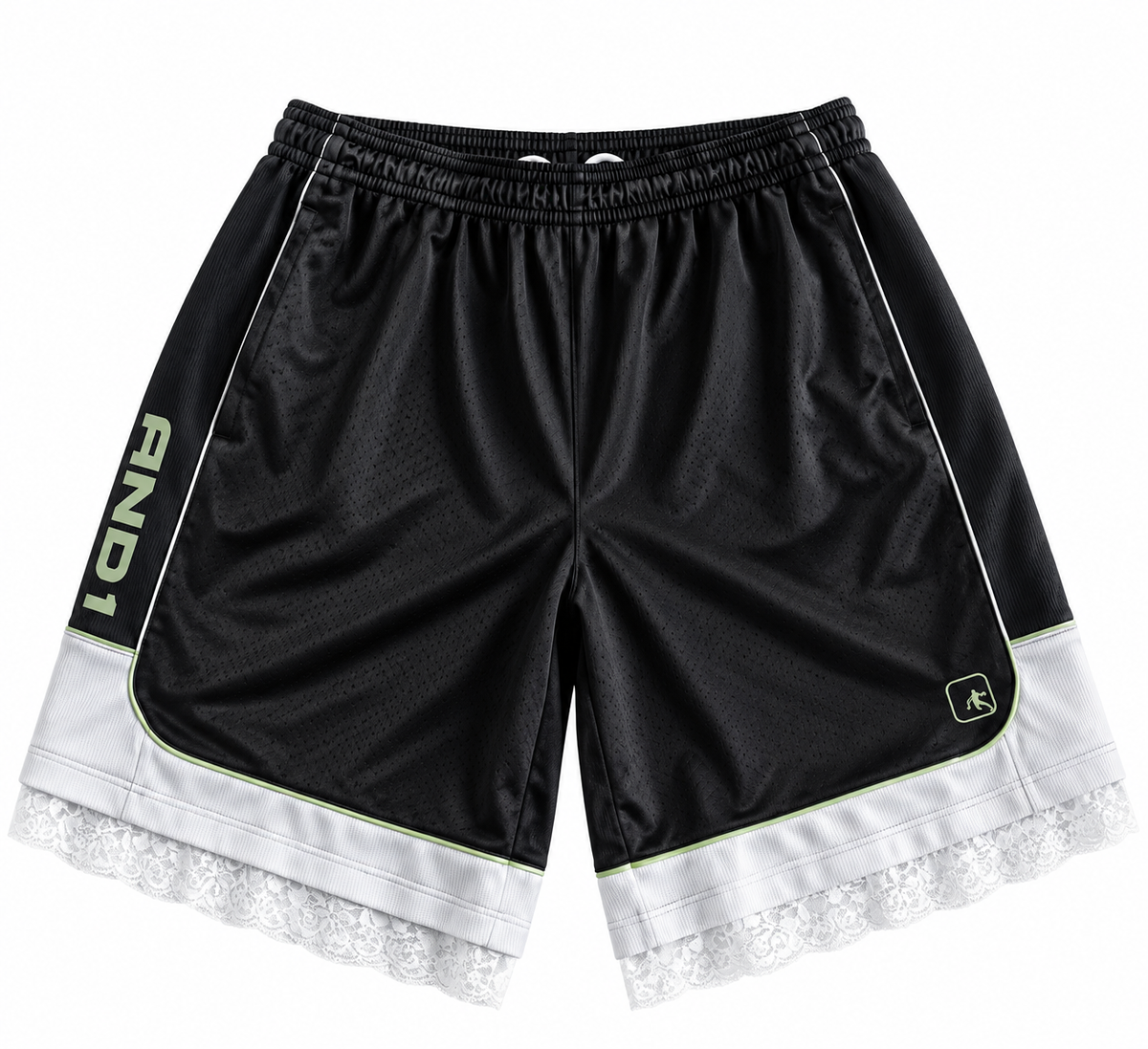 Black, White & Mint Lace Basketball Shorts | L