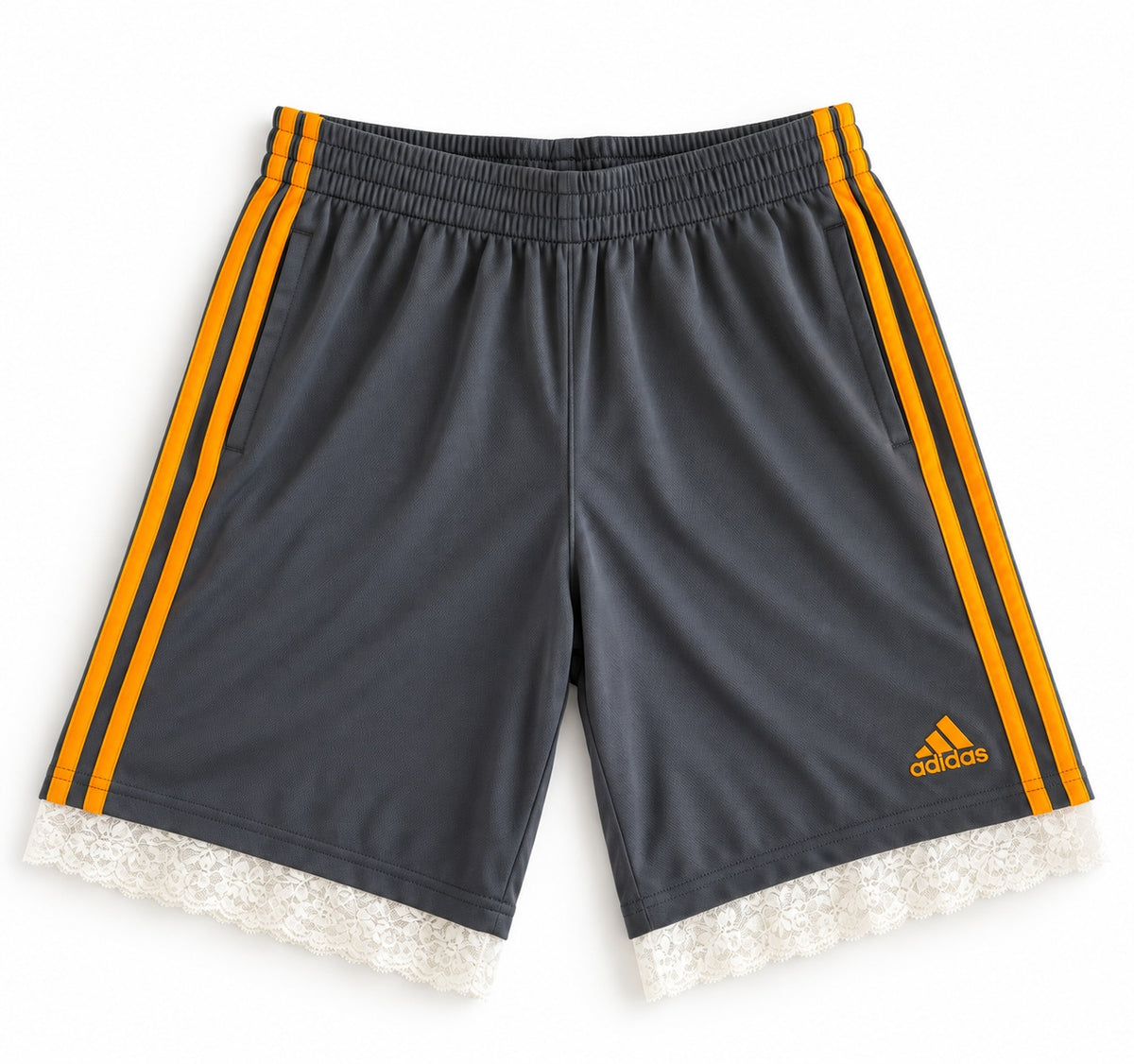 Gray and yellow reworked vintage adidas basketball shorts with white lace hem, DAMECORE