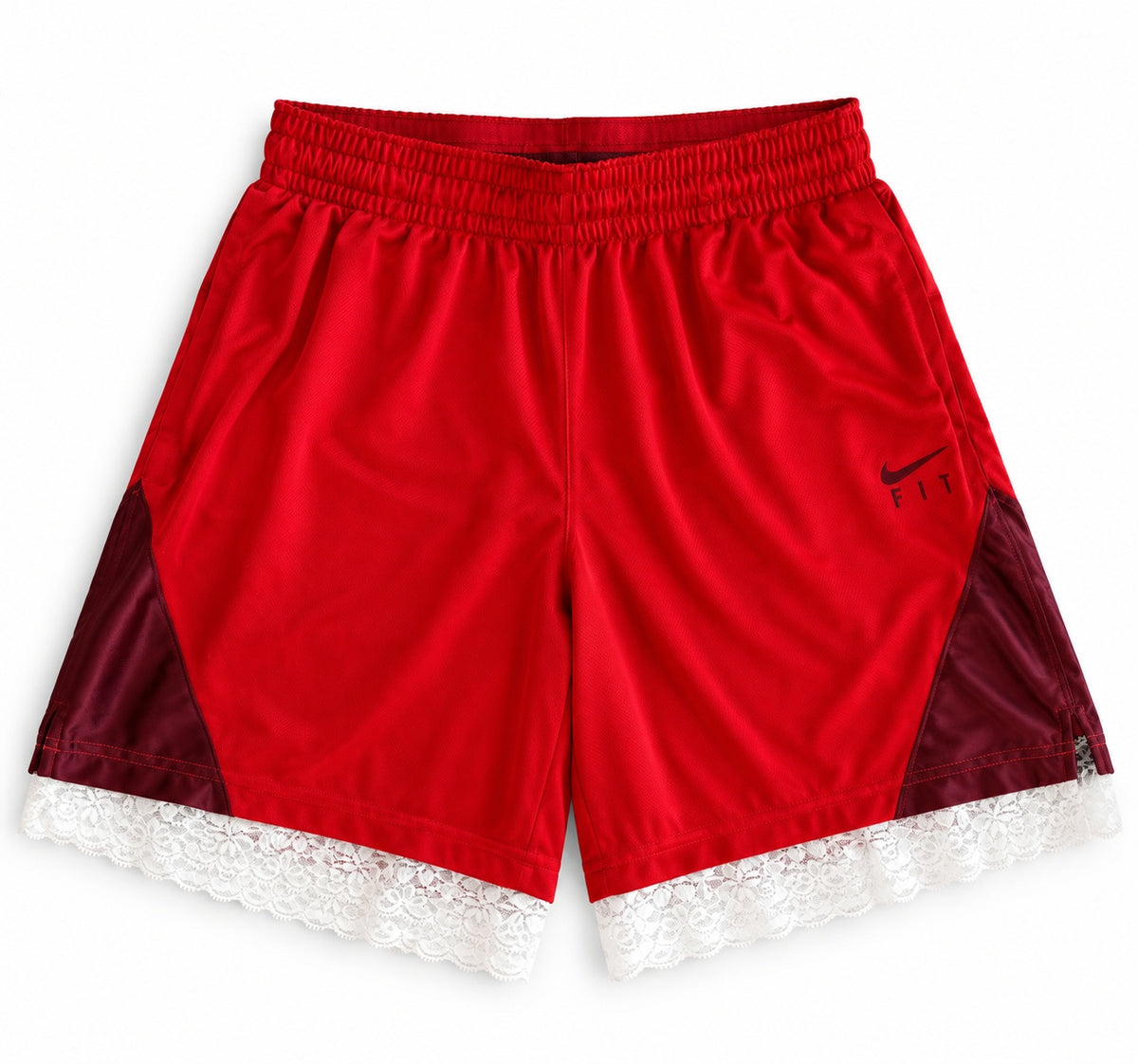 Red and maroon reworked vintage Nike basketball shorts with white lace hem, DAMECORE