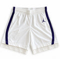 Purple and white reworked vintage Jordan basketball shorts with white lace hem, DAMECORE