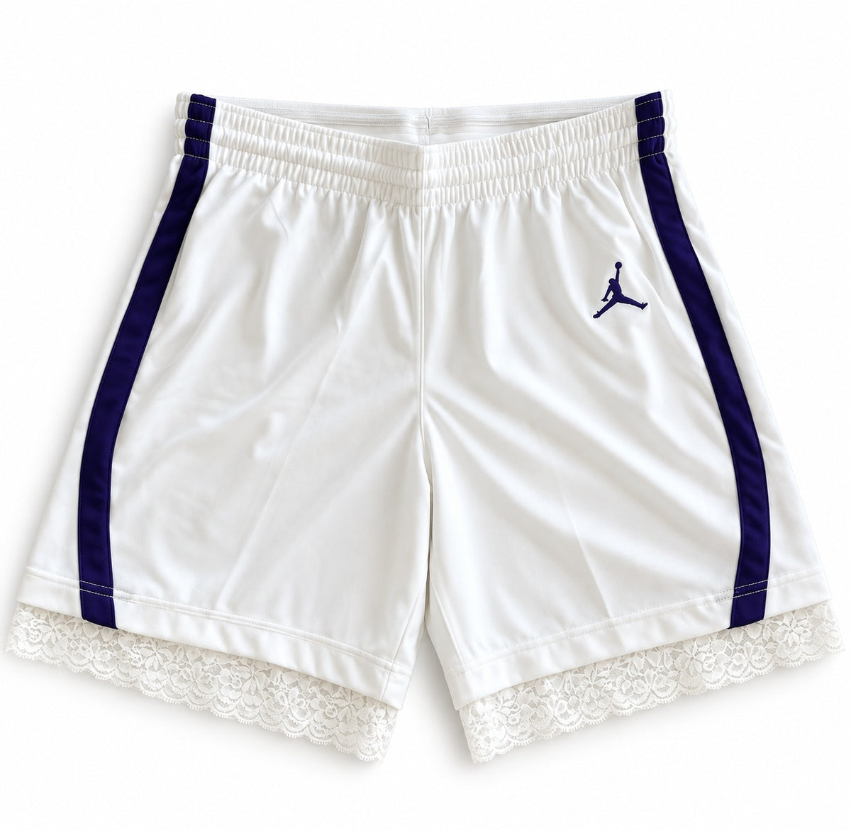 Purple and white reworked vintage Jordan basketball shorts with white lace hem, DAMECORE