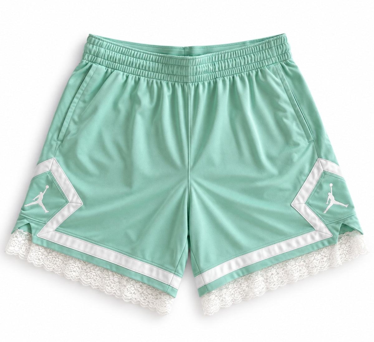 Mint reworked vintage Nike basketball shorts with white lace hem, DAMECORE