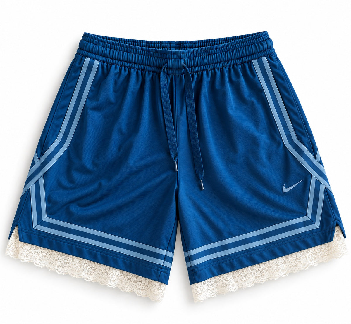 Blue reworked vintage Nike basketball shorts with white lace hem, DAMECORE