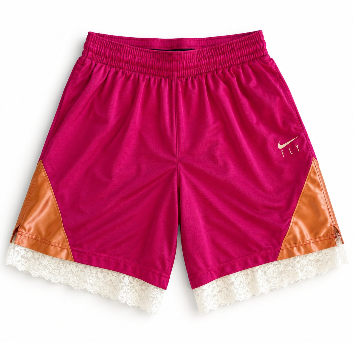 Pink and orange reworked vintage Nike basketball shorts with white lace hem, DAMECORE
