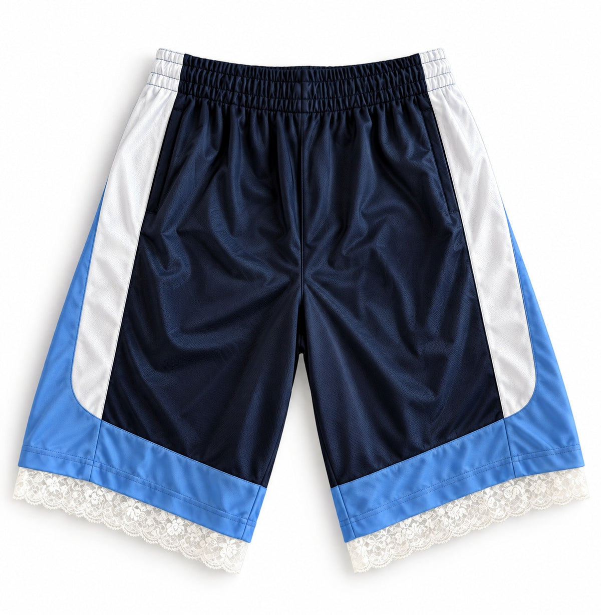Dark blue and light blue reworked vintage PONY basketball shorts with white lace hem, DAMECORE