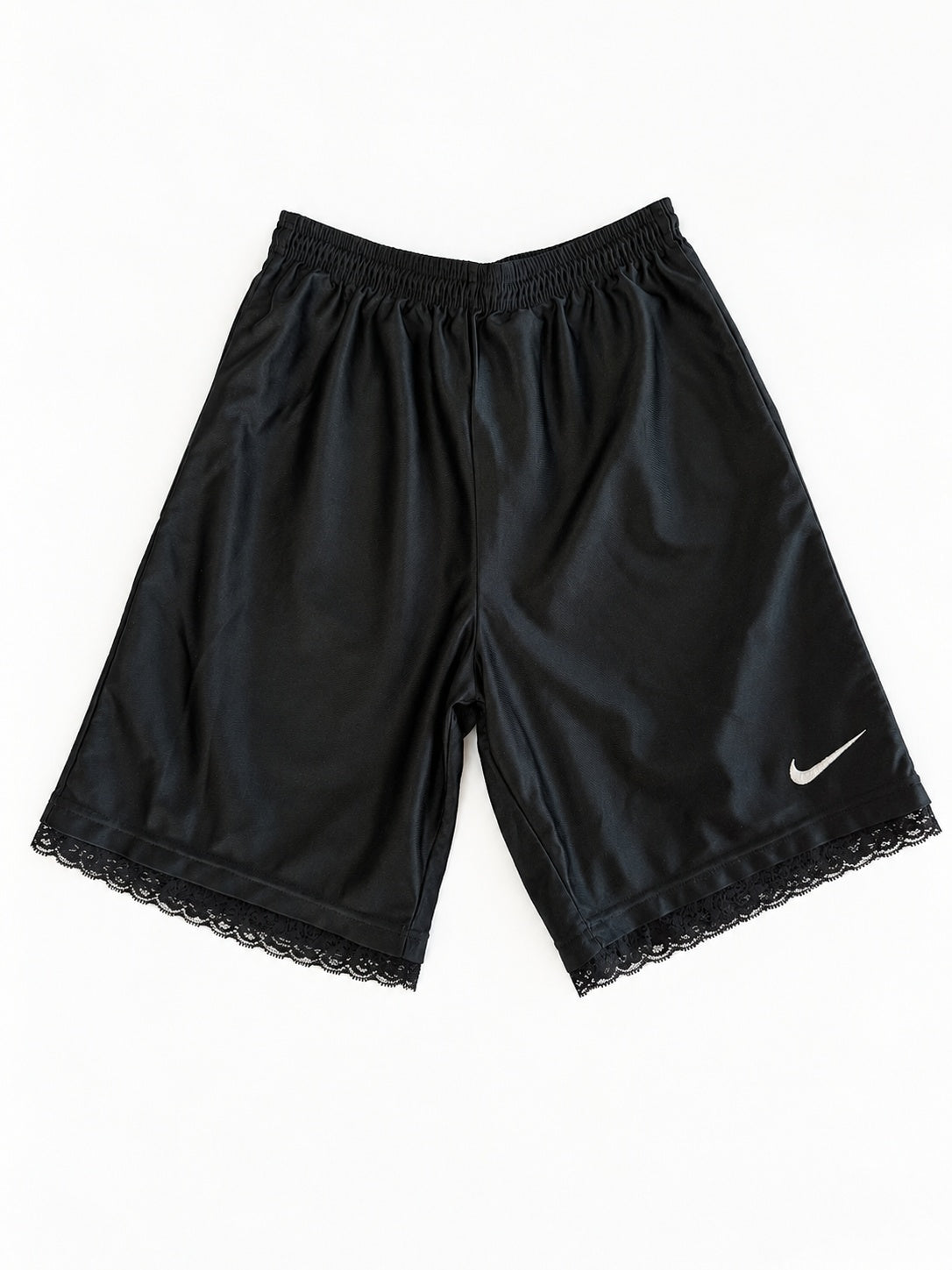 Black reworked vintage Nike basketball shorts with black lace hem, DAMECORE