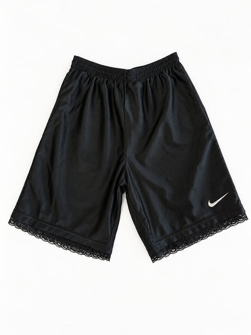 Black reworked vintage Nike basketball shorts with black lace hem, DAMECORE