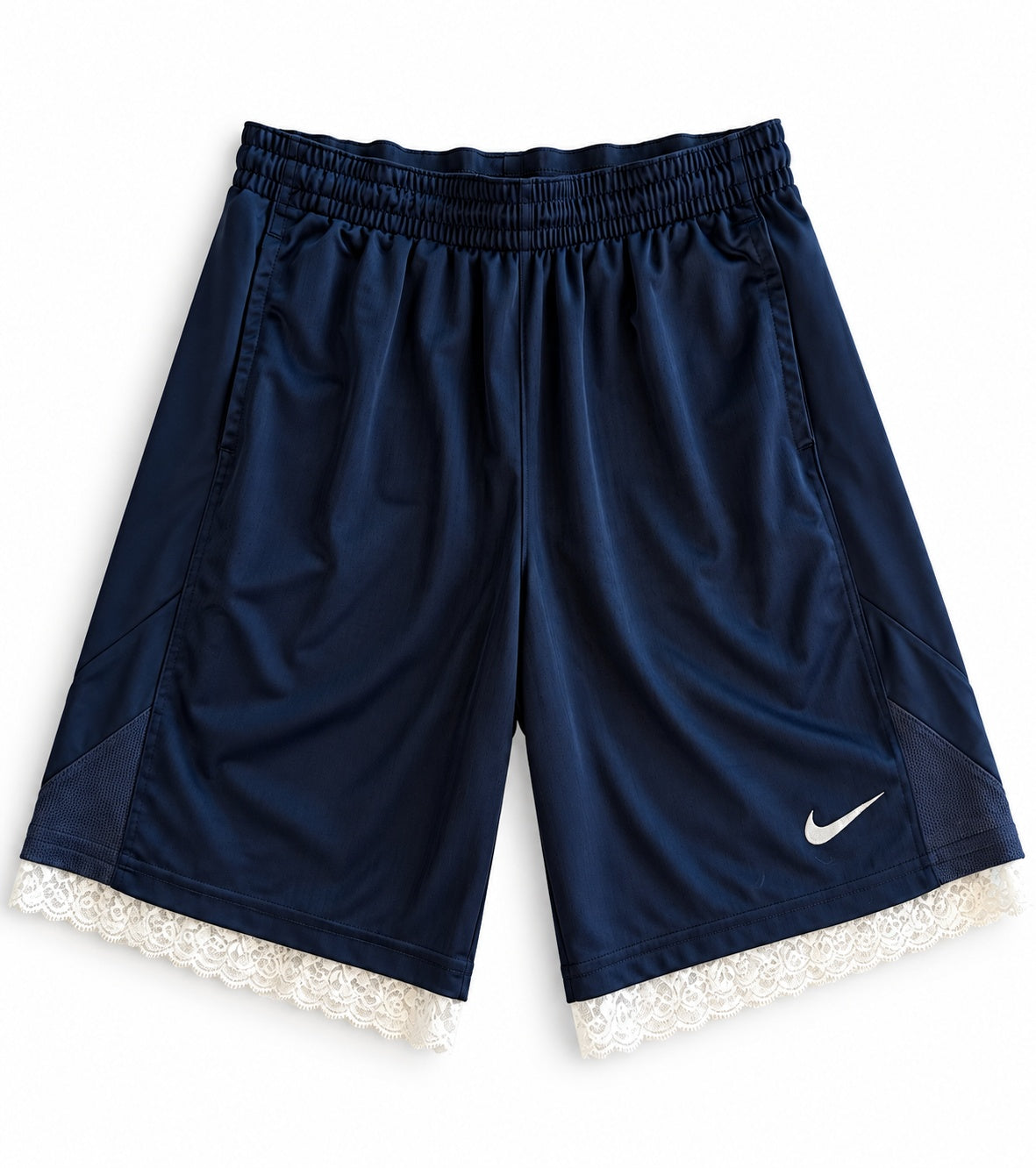Navy reworked vintage Nike basketball shorts with white lace hem, DAMECORE